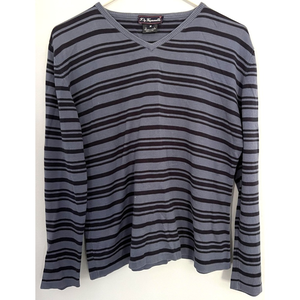 F by Faconnable Sweater Mens M‎ Gray Striped V Neck Pima Cotton Made Italy EUC
